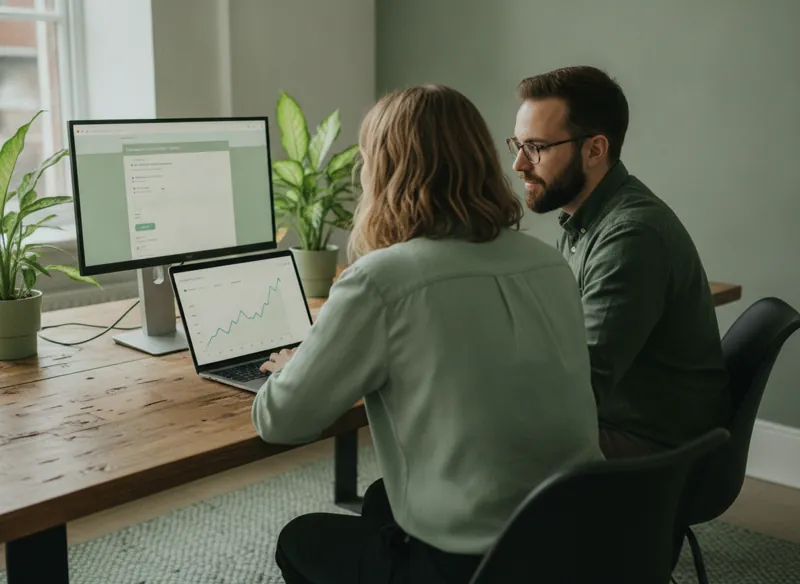 A business owner and marketer reviewing a laptop with an upward trending search ranking graph