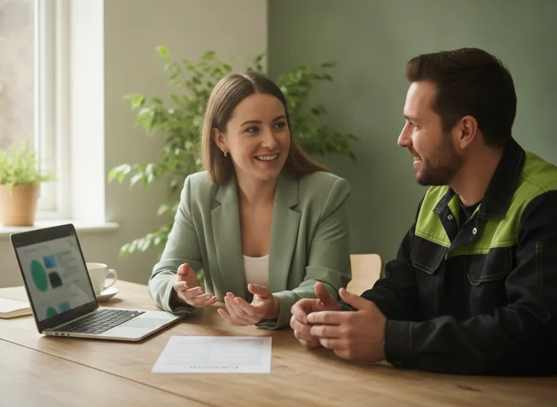 A friendly web designer and a tradesperson sitting across a table having an honest chat over a simple printed price sheet and a laptop