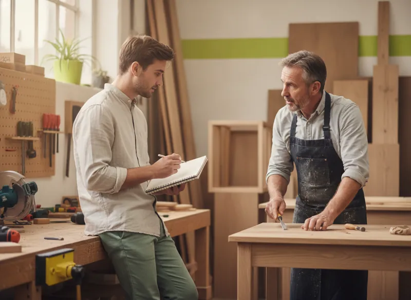 A web designer chatting with a carpenter in his workshop