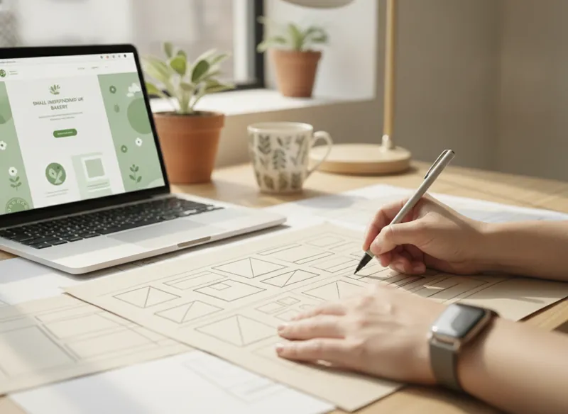 A designer's hands sketching website layouts on paper next to a laptop showing a custom small-business homepage design