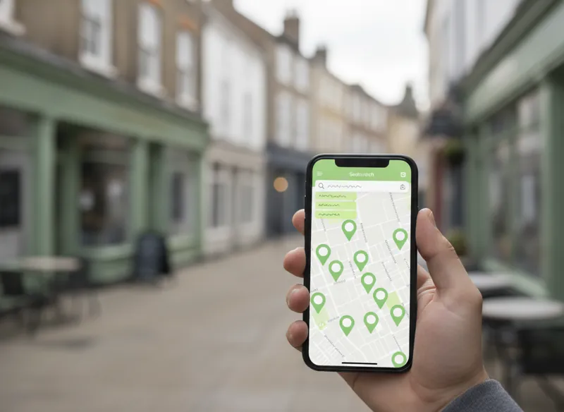 A smartphone in a hand showing a local map search result with business pins