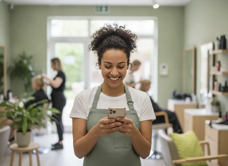 A hairdresser in her salon happily reading a message on her phone