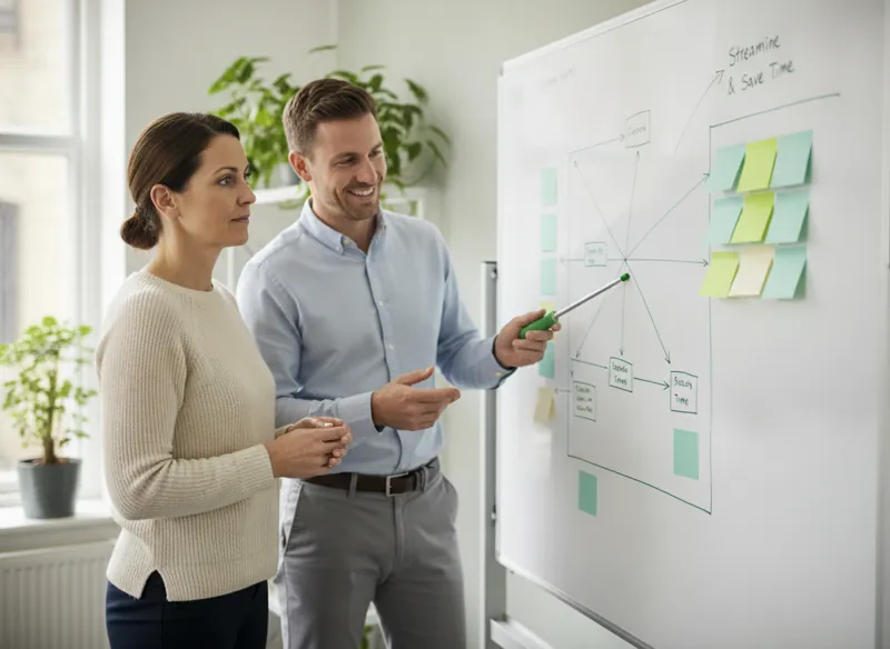 A business owner and consultant at a whiteboard covered in a workflow diagram with sticky notes