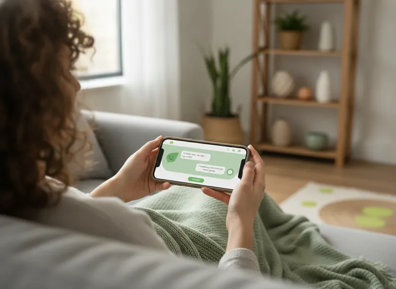 A smartphone showing a friendly website chat window conversation