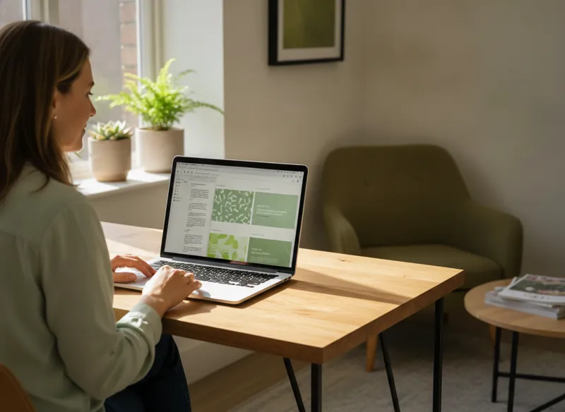A content creator at a laptop with a draft article and several tailored website versions arranged on screen