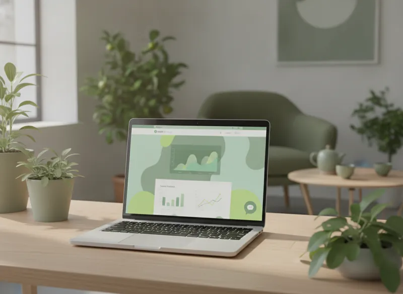 A laptop showing a modern business website with a small assistant chat bubble neatly integrated in the corner