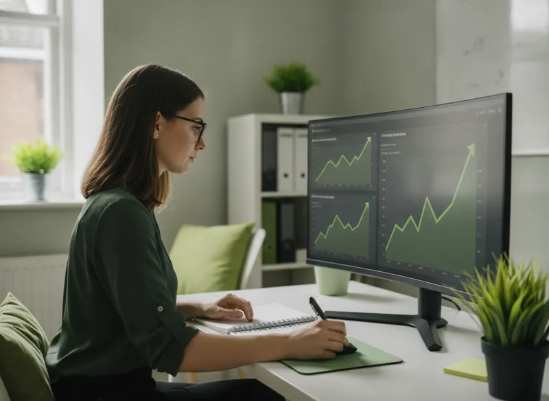 A data analyst reviewing performance dashboards with improving line charts on a large monitor
