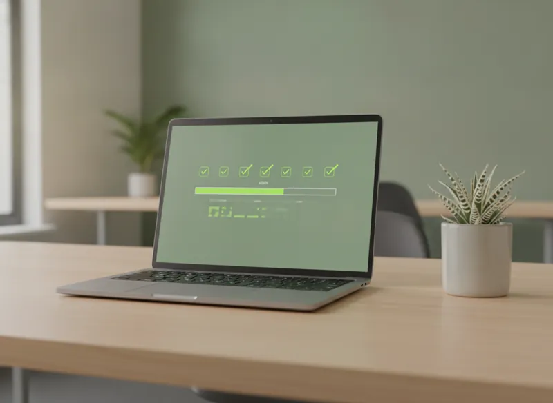 A laptop screen showing a software update progress bar with green check marks