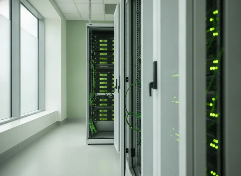 A rack of servers in a bright modern data centre with green status lights