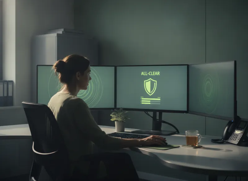 A security analyst watching monitoring screens with a shield icon and green all-clear status