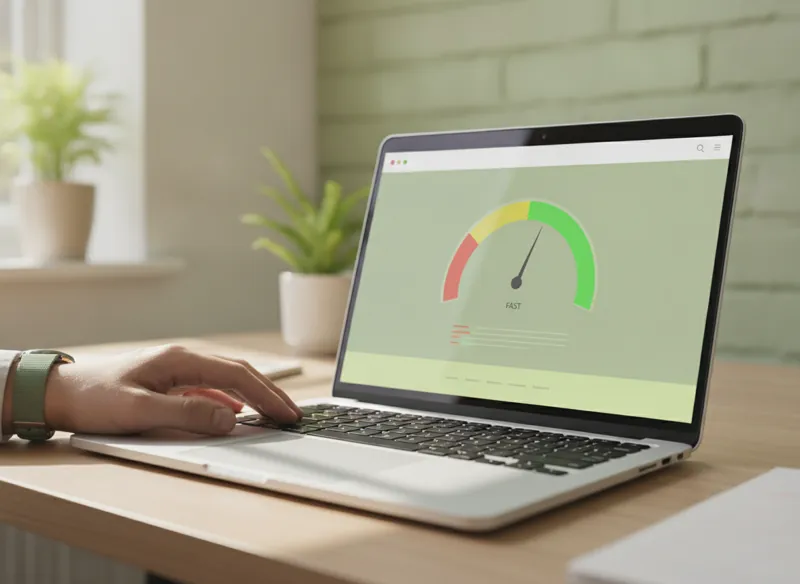 A close-up of a laptop showing a website speed test gauge in the green fast zone