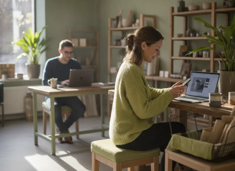 A shop owner sending a quick message from her phone while a web developer updates a product photo on a laptop nearby