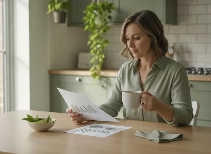 A business owner reading a short printed monthly report with simple charts over morning coffee at a kitchen table