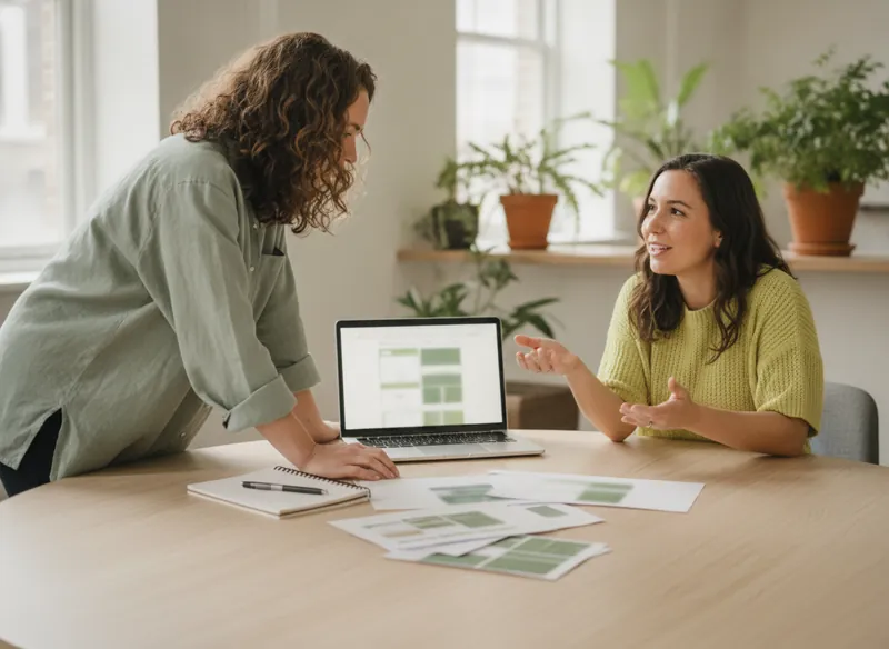 A web designer interviewing a small-business owner at a studio table