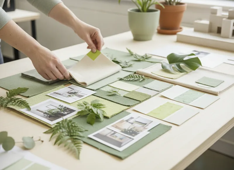 A designer arranging a moodboard of colour swatches and photo prints
