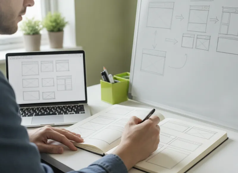 A designer sketching wireframe page layouts on paper and a whiteboard