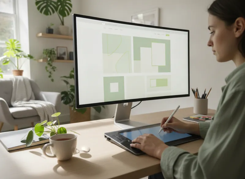A designer refining a polished website design on a large monitor with a stylus