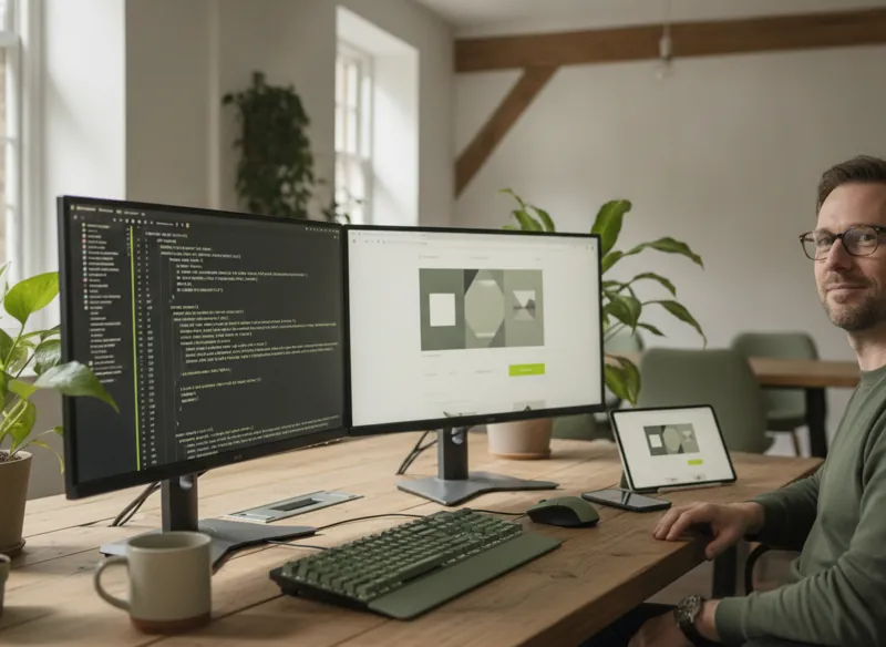 A front-end developer hand-coding a website with a responsive preview