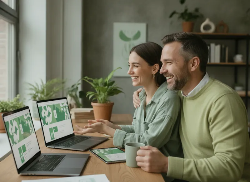 A designer and client celebrating a website launch on laptop, tablet and phone