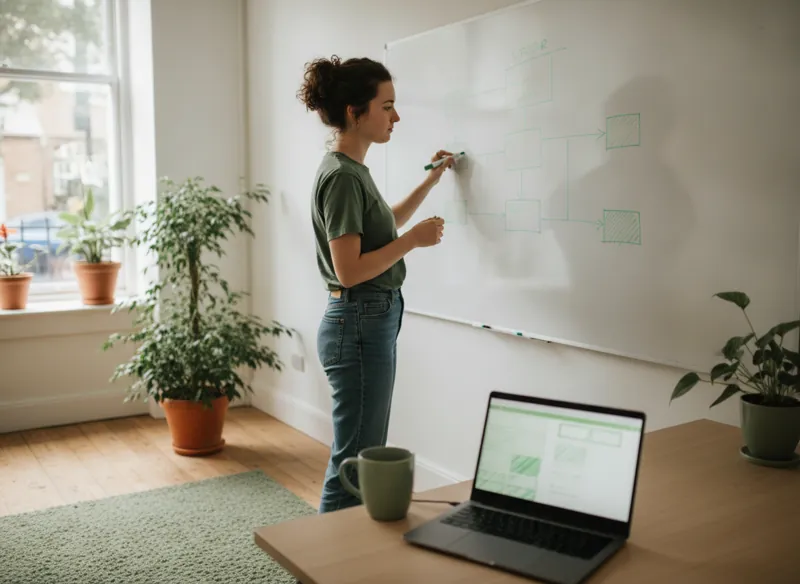 A developer mapping a website site-structure diagram of boxes and lines on a whiteboard