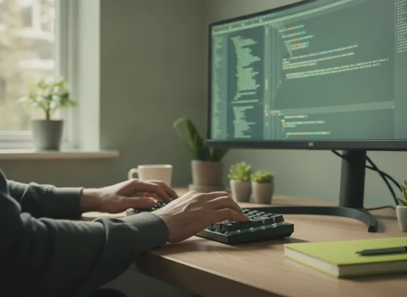 A close-up of a developer's hands typing on a keyboard with clean