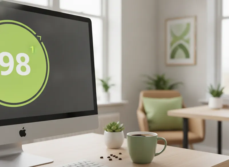 A monitor showing a page speed score in a big green circle beside a developer's coffee mug