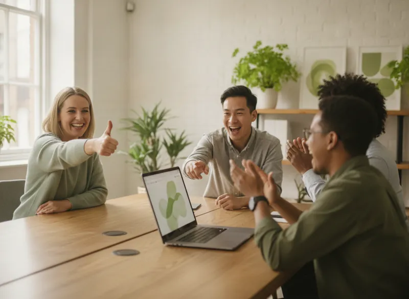 A small team celebrating a website launch around a laptop in a bright office