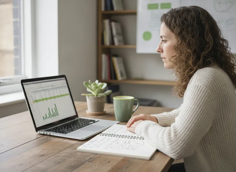 A marketer researching on a laptop with a keyword research spreadsheet and handwritten notes of search phrases