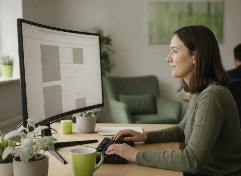 A content editor refining a web page's headings and image descriptions on a large monitor