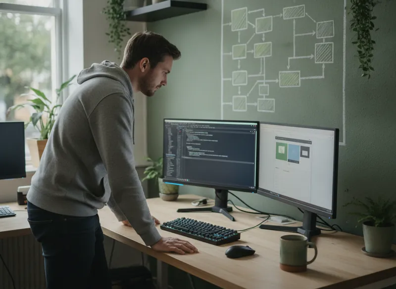 A developer inspecting website code and a mobile layout preview on two monitors