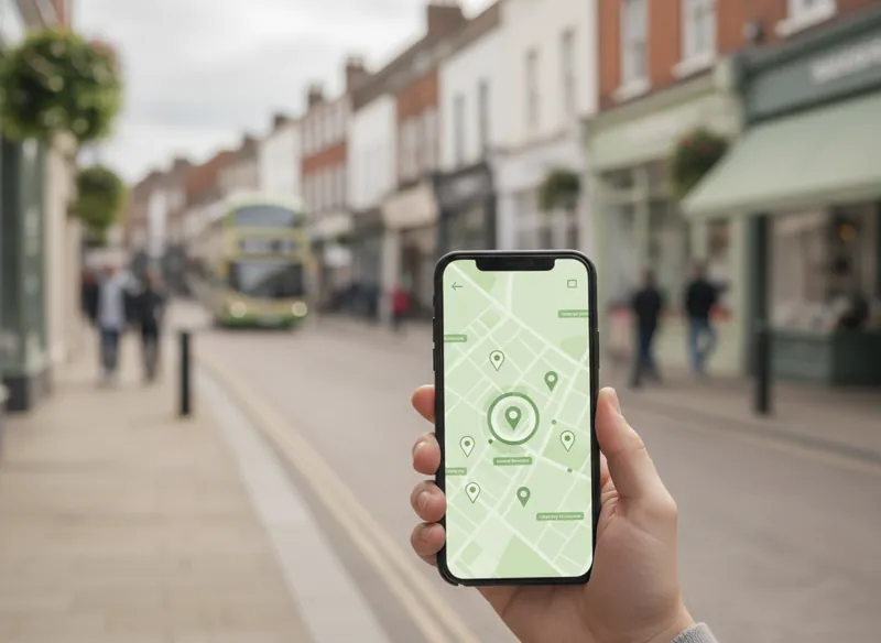 A smartphone in hand showing a local map search with nearby business pins