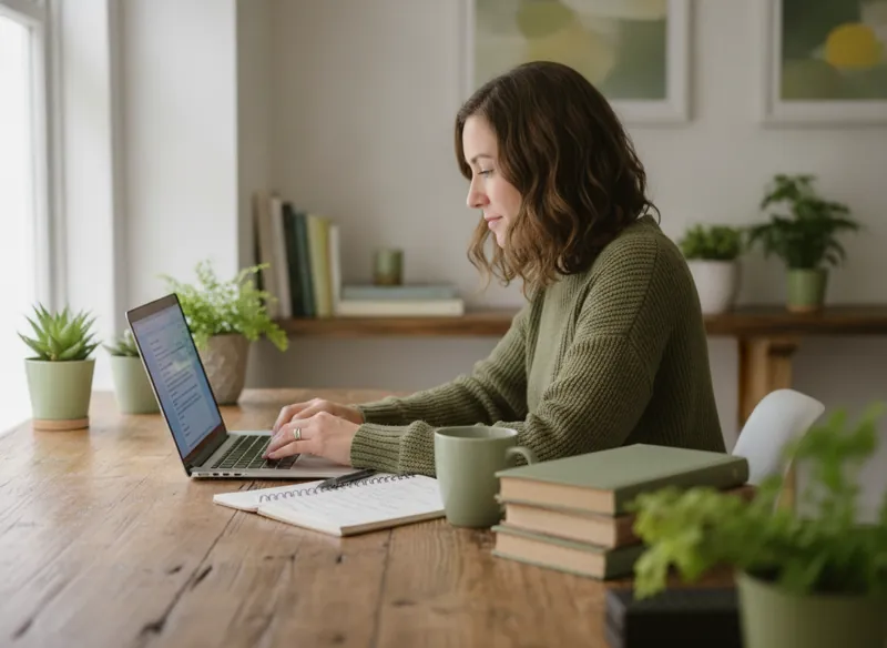 A writer at a wooden desk drafting a helpful blog article on a laptop