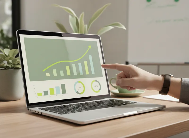 A laptop on a desk showing an analytics dashboard with a steadily rising traffic line chart