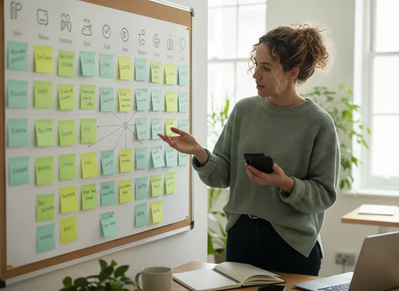 A social media strategist with phones and a planning board showing different social platforms' post ideas on sticky notes