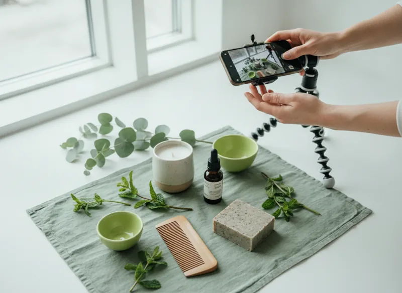 A content creator photographing a styled product flat-lay with a smartphone on a tripod