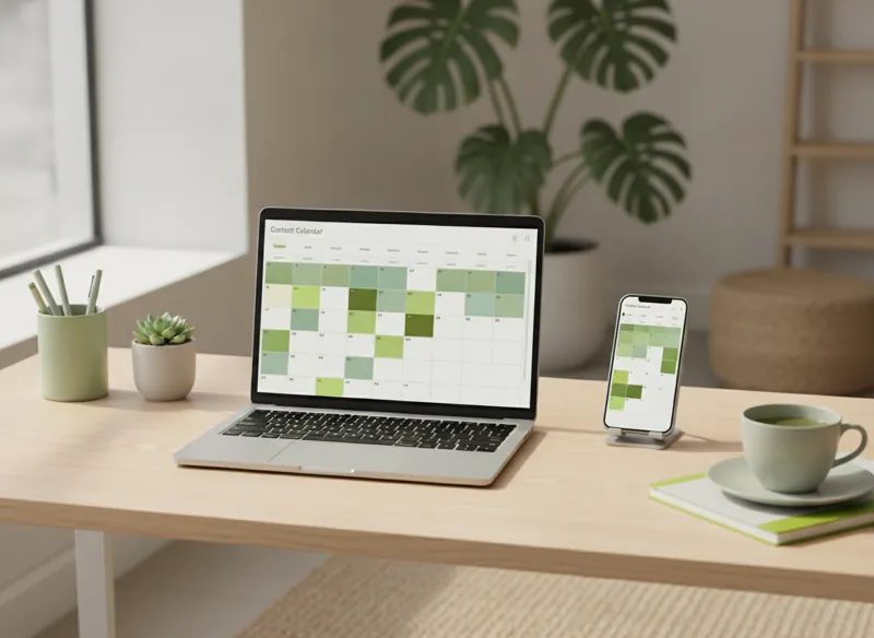 A laptop showing a content calendar grid filled with scheduled posts