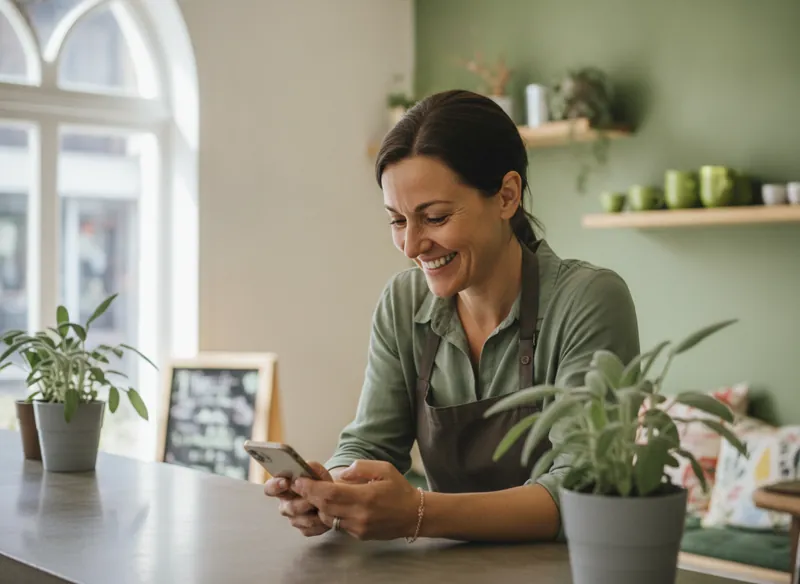A cafe owner smiling while replying to friendly comments on her phone behind the counter