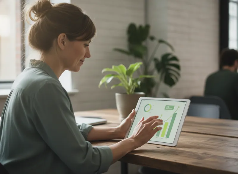 A business owner reviewing social media growth charts on a tablet