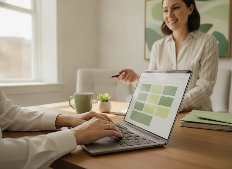 A client booking a meeting on a laptop calendar