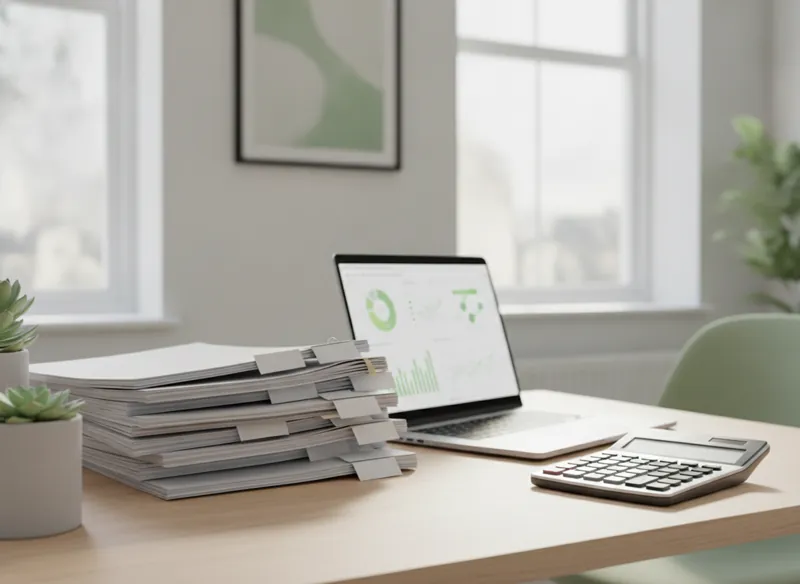 A tidy accountant's desk with neatly organised working papers