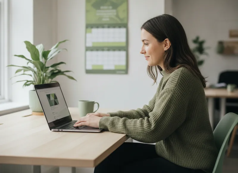 An accountant updating her firm's website on a laptop at a desk with a calendar on the wall