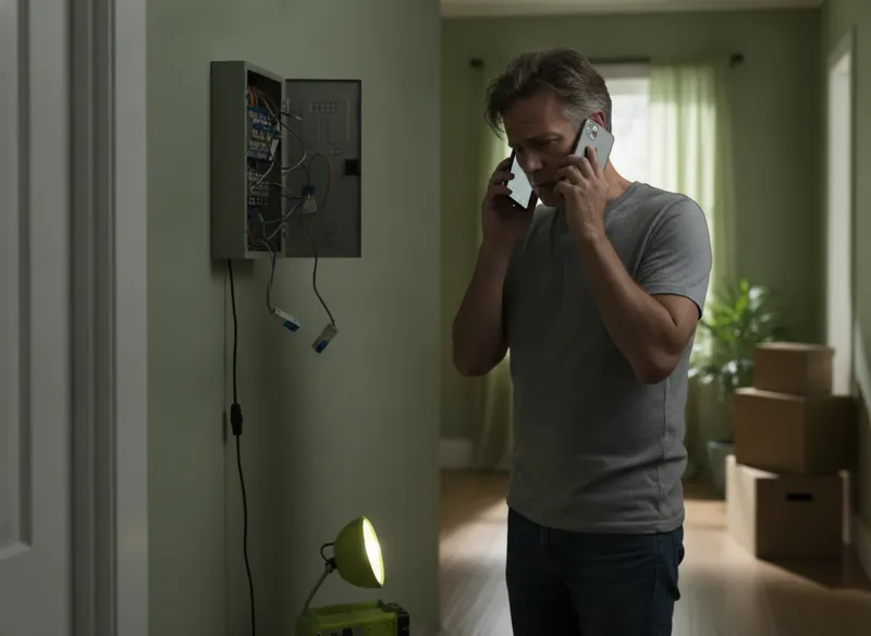 A worried homeowner in a dark hallway holding a smartphone to call an electrician