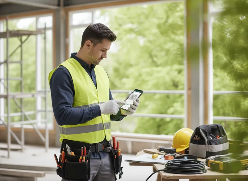 An electrician on a building site checking a smartphone that loads a website instantly