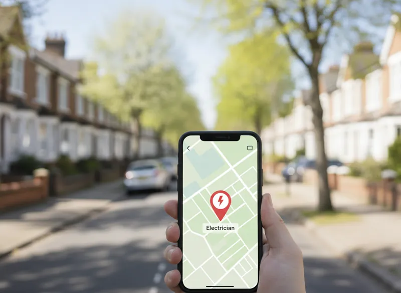 A smartphone showing a local map search with an electrician business pin