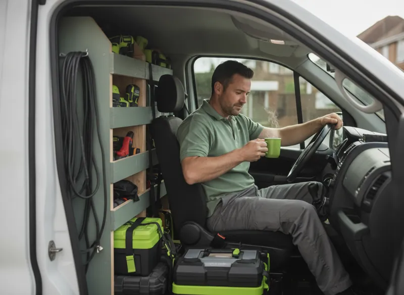 An electrician relaxing in his van with a tea