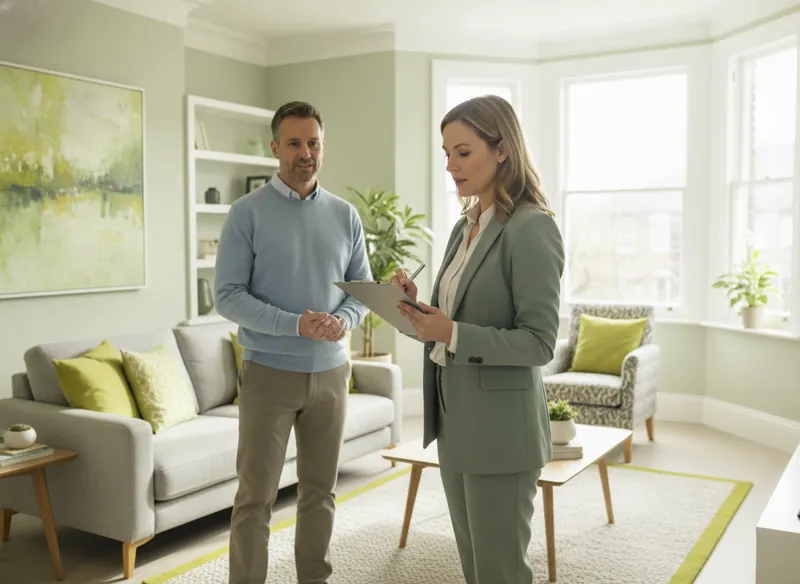 An estate agent with a clipboard valuing a bright living room as a homeowner looks on