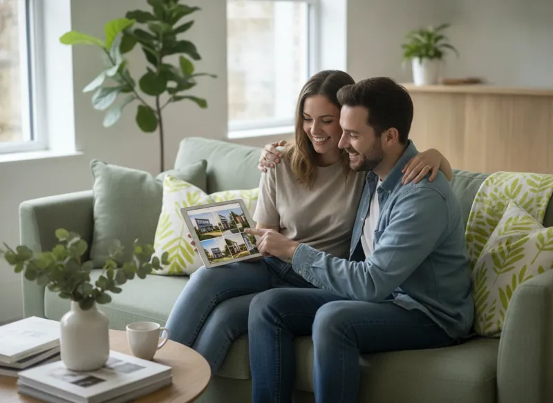 A couple browsing a property photo gallery on a tablet on their sofa