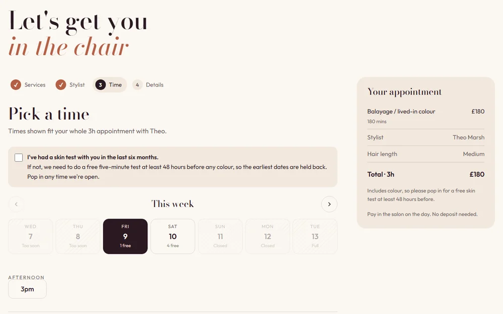 The booking page of the Hazel and Hart concept salon site, showing live times and a price summary