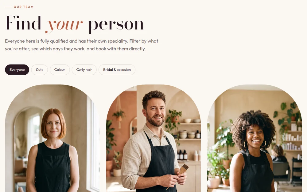The team page of the Hazel and Hart concept salon site, with stylist photos and speciality filters