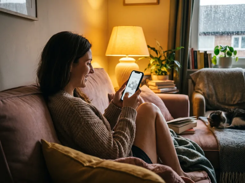 A woman relaxing on her sofa in the evening, booking a hair appointment on her phone